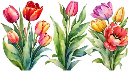 Set of Separate parts and bring together to beautiful bouquet of flowers in water colors style on white background, flat vector illustration