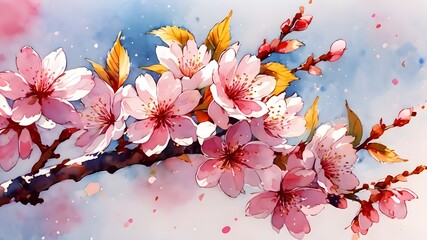 Cherry blossom painting. . Spring blooming cherry branches on sunny blue sky white clouds illustration