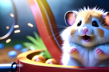 A cute hamster is spinning a wheel. The hamster feels good.