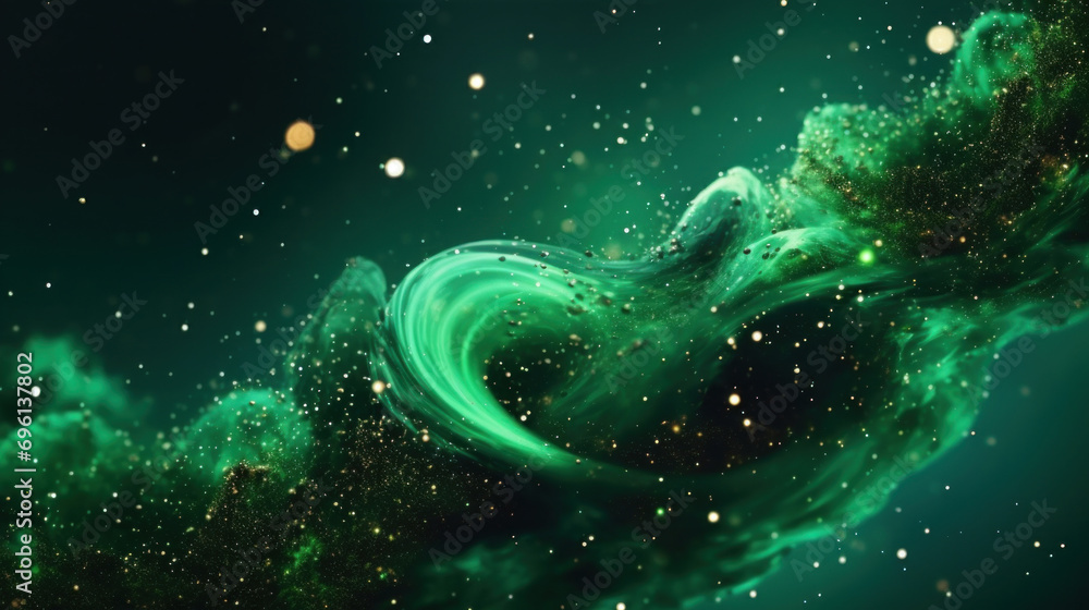 Poster abstract green particles in space, computer generated background
