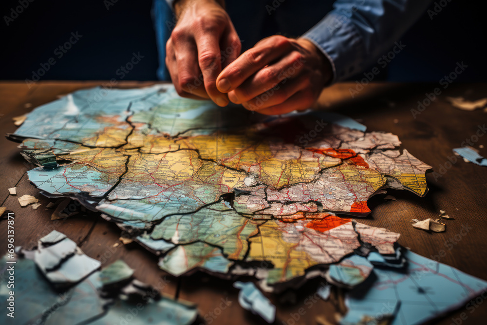 Poster a person holding a torn map, illustrating the challenges of navigation and finding the right directi