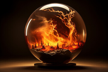 A raging wildfire captured within a glass globe, showcasing the raw power and intensity of Fire's unbridled force.