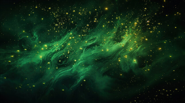 Green Cosmic Space Background With Stars And Nebula.