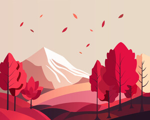 A peaceful relaxing autumn forest landscape with red trees, red leaves and red bushes, with mountains in the background. Vector illustration.