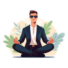 Vector illustration of businessman sitting in lotus pose. Meditating office worker on dreamy mandala background. Corporate yoga illustration.