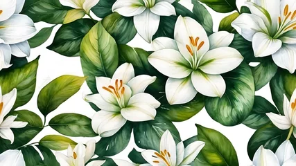 Foto op Canvas pattern with white flowers and green leaves on black background,seamless floral background ,vector, 3d  © monu