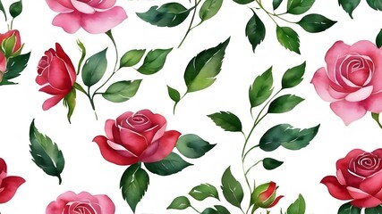 Floral watercolor seamless pattern with rose flowers on white. For surfacedesign, fabric, textile, card, background, wallpaper