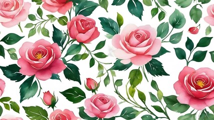Floral watercolor seamless pattern with rose flowers on white. For surfacedesign, fabric, textile, card, background, wallpaper