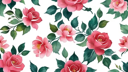 Tuinposter Floral watercolor seamless pattern with rose flowers on white. For surfacedesign, fabric, textile, card, background, wallpaper © monu