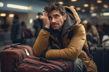 An annoyed traveler dealing with delayed or canceled flights, emphasizing the challenges of air travel. Generative Ai. - obrazy, fototapety, plakaty