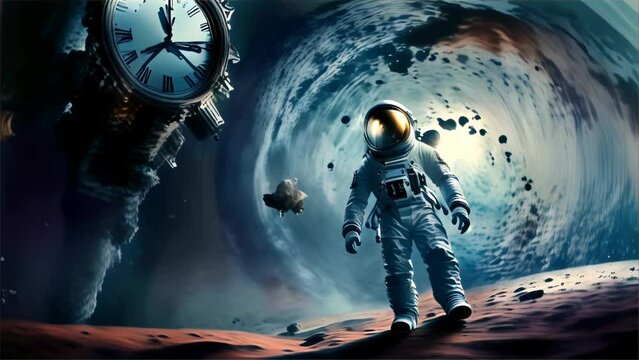 An astronaut floating deep in space near a disintegrating clock, a science fiction scene transcending the boundaries of reality
