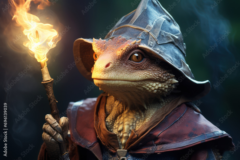 Poster a lizard wearing a wizard hat and casting a spell with a tiny wand, portraying the whimsical world o