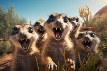 A group of meerkats engaging in a game of charades, highlighting the amusing social activities of these desert-dwelling creatures. Concept of meerkat charades. Generative Ai. - Powered by Adobe
