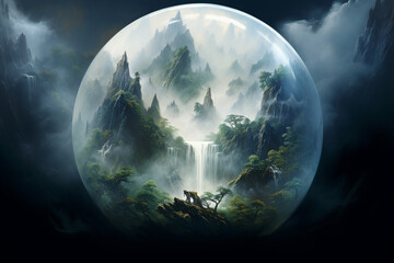 Wisps of mist rising from a mountain valley, enclosed within a glass orb--a mystical meeting of Air and Earth.