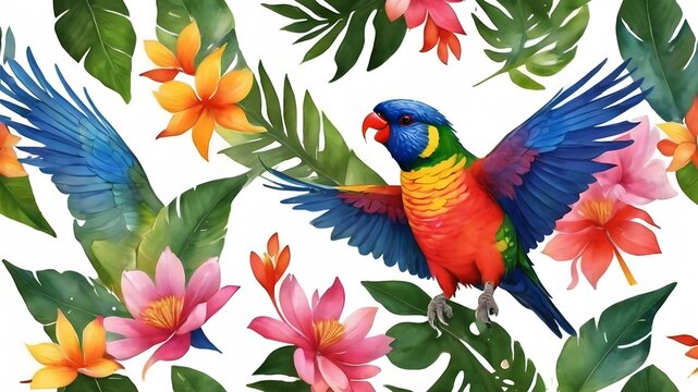 water colour seamless pattern parrot on a branch on white background, For surface design, fabric, textile, card, background, wallpaper
