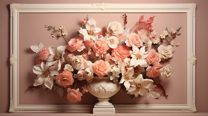 Elegant, monochromatic peach-colored composition with a large floral arrangement