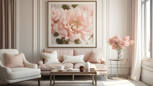 Elegant, monochromatic peach-colored composition with a large floral arrangement