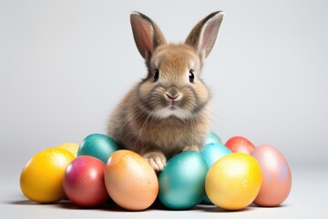Fototapeta na wymiar bunny surrounded by colorful Easter eggs. white background. Generative AI