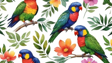 water colour seamless pattern parrot on a branch on white background, For surface design, fabric, textile, card, background, wallpaper