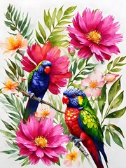 water colour painting of parrot and flowers, tropical parrot cartoon, tropical background with birds, flowers and leaves