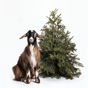 une chèvre assise à côté d'un sapin de Noël sur fond blanc