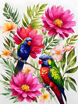 water colour painting of parrot and flowers, tropical parrot cartoon, tropical background with birds, flowers and leaves