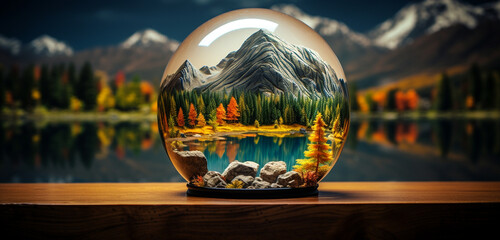 A tranquil mountain lake surrounded by vibrant autumn foliage, with the earthy scent of pine lingering in the air, captured in a glass globe.