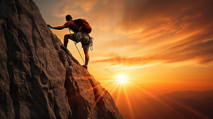 Climber on the edge of a cliff against the backdrop of a beautiful sunset
