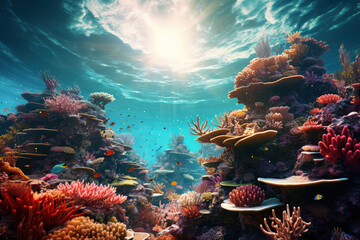 A coral reef ecosystem thriving with a myriad of marine life, exemplifying the symbiotic relationships between different species beneath the ocean surface. Generative Ai.