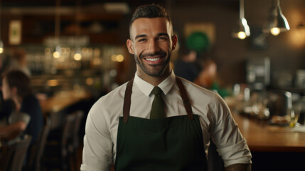 Obraz premium Portrait of smiling male barista standing at the counter in cafe
