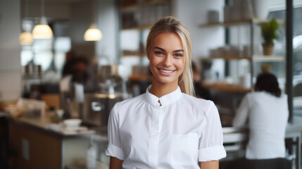 Portrait of smiling businesswoman standing in cafe. Beautiful young woman in office. - obrazy, fototapety, plakaty