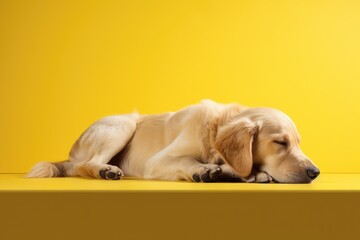 a dog sleep on soft pastel yellow background. ai generative