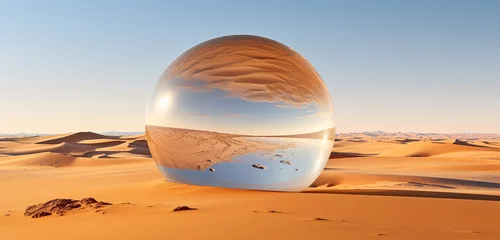 Fotobehang A vast, arid desert with rolling sand dunes, a cloudless sky, and the shimmering heat creating a mirage on the horizon within a glass globe. © Ammara studio