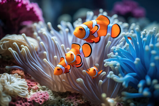 An image capturing the mutualistic relationship between a clownfish and a sea anemone, a classic example of symbiosis in the ocean. Generative Ai.