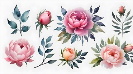 set of floral branch ,flower pink rose, purple flower, green leaves, wedding concept with flowers , invite arrangement for greeting card ,illustration of watercolour colour 