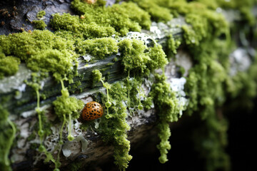 A photograph of a lichen-covered tree trunk, highlighting the symbiotic alliance between fungi and photosynthetic organisms in challenging environments. Generative Ai.