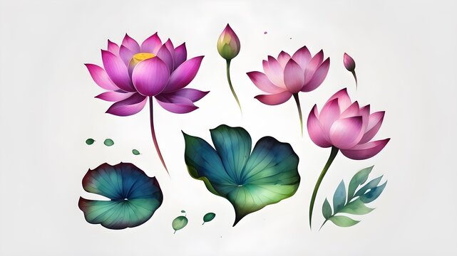 Set of l leaves and lotus flowers elements in watercolour and ink style. Aquarelle and line branches and blooming. Vector isolated on white background for Invitation, greeting card