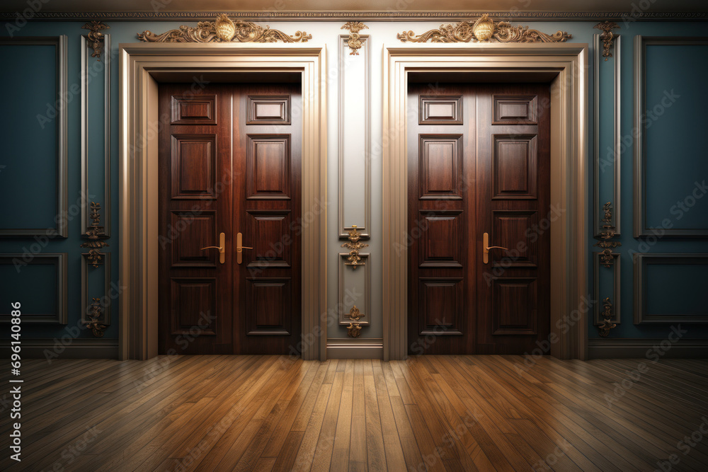 Poster a surreal scene of a door leading to another door, forming a paradoxical loop that questions the tra