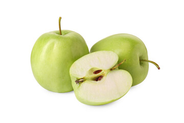 Whole and cut green apples isolated on white