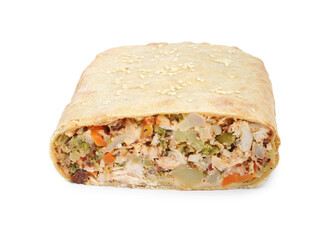 Tasty strudel with chicken and vegetables isolated on white