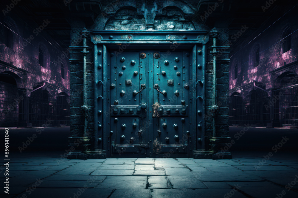 Poster a surreal scene of a door with a keyhole on both sides, creating a paradoxical notion of access and 