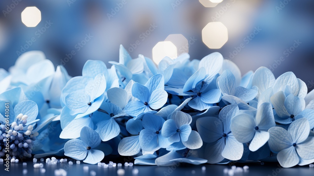 Poster contrasting hydrangea flowers on soft bokeh background with text space and artistic composition