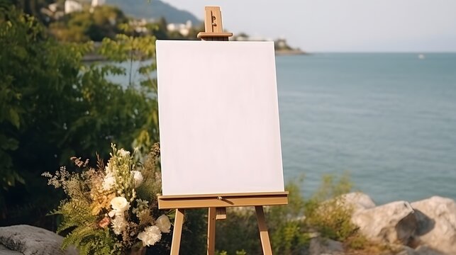 Empty poster on easel on wedding ceremony boho style