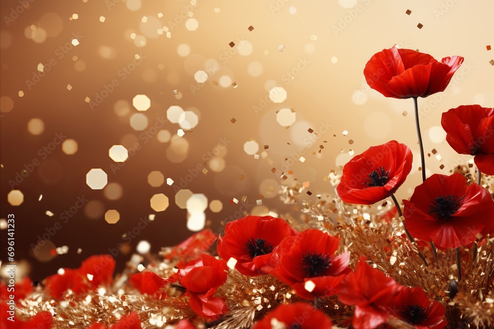 Poster poppy flowers in soft bokeh background with captivating narrative effect and copy space