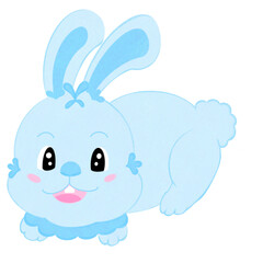 The cartoon blue rabbit smiles brightly and cutely.