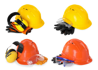 Safety equipment, collection. Hard hats, gloves, protective headphones and goggles isolated on white