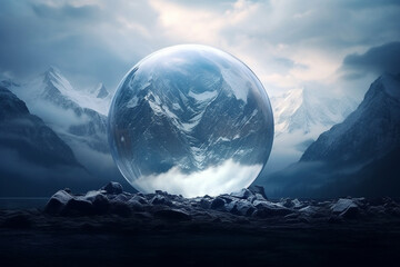 Earth's rugged mountains, covered in a blanket of snow, enclosed within a glass orb--a frozen moment of pure wilderness.