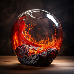 Fiery molten lava flowing from a volcano, captured in a glass sphere, showcasing the raw energy of the earth's core.