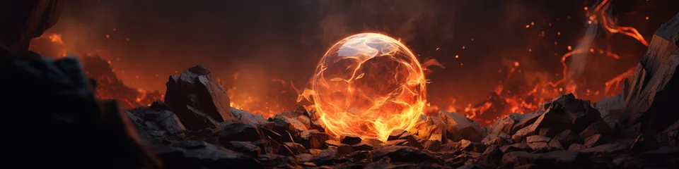 Fotobehang Flames dance gracefully over rocky terrain, encapsulating the raw power and energy of fire within a glass orb. Copy space. © Ammara studio