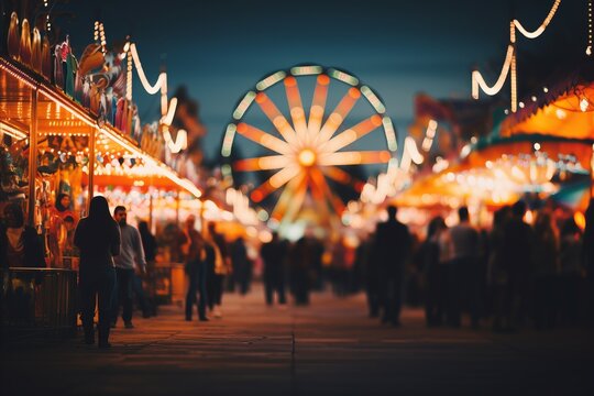 Blurred bokeh of vibrant carnival night with rides, games, and food stalls against dark sky